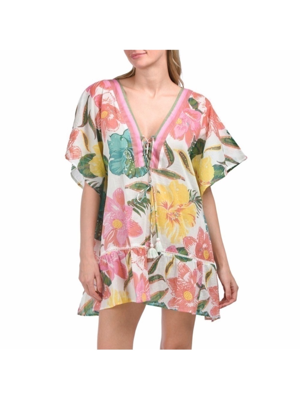 Z & L Europe Floral V-Neck Swim Cover-Up Tunic in Pink, Yellow & Green
